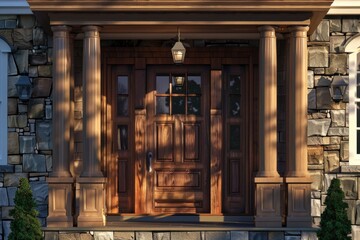 A wooden front door on a stone house. Suitable for real estate concepts.