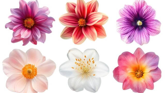 A set of six different colored flowers on a white background. Suitable for various design projects.