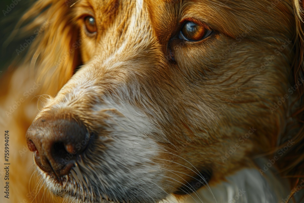Poster close-up of a dog's face with a blurry background, suitable for various pet-related projects.
