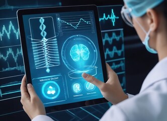 Medicine doctor touching electronic medical record on tablet. DNA. Digital healthcare and network connection