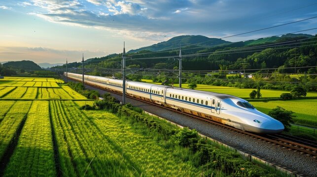 High-speed bullet train slicing through the countryside with magnetic levitation technology