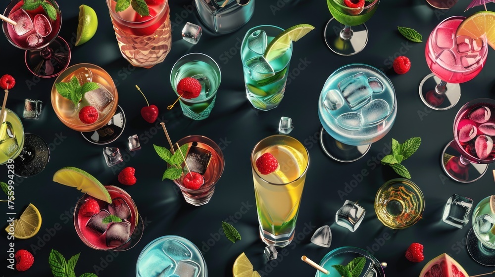 Poster Various types of drinks in different glasses. Ideal for beverage concepts.