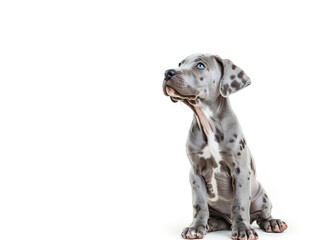 A cute grey dog sitting on a white background