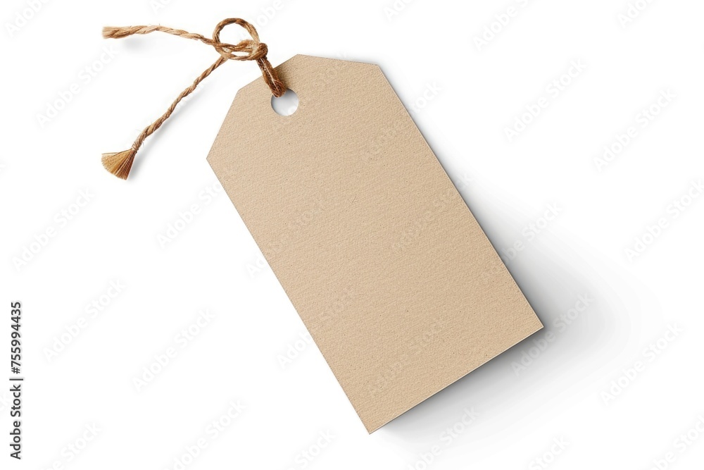Poster A simple blank tag hanging from a string on a white surface. Can be used for various design projects.