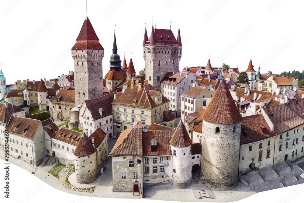 Poster miniature model of a castle with a clock tower, ideal for architectural projects.