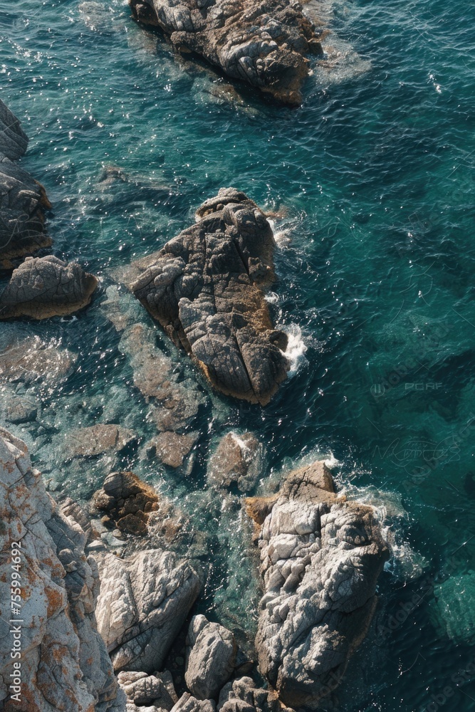 Poster group of rocks sitting on top of a body of water. ideal for nature and landscape concepts.