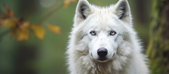 close up photo white wolf with forest background - Powered by Adobe
