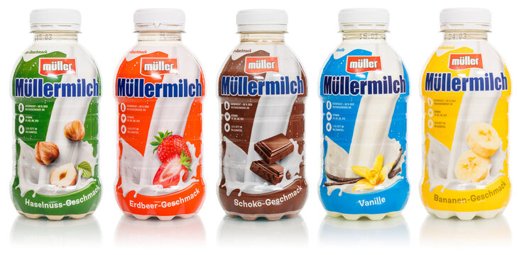 Müllermilch different flavors in bottles by Theo Müller company isolated on a white background