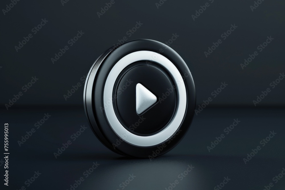 Poster a black and white button with a play symbol. suitable for multimedia and technology concepts.
