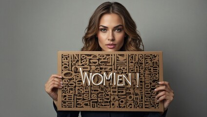portrait photo of a woman holding cardboard lettering women