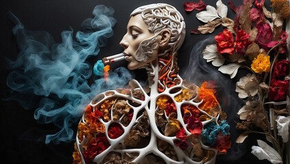a powerful anti-smoking message conveyed through an image of pristine, healthy lungs contrasted with a backdrop of cigarettes in flames - obrazy, fototapety, plakaty
