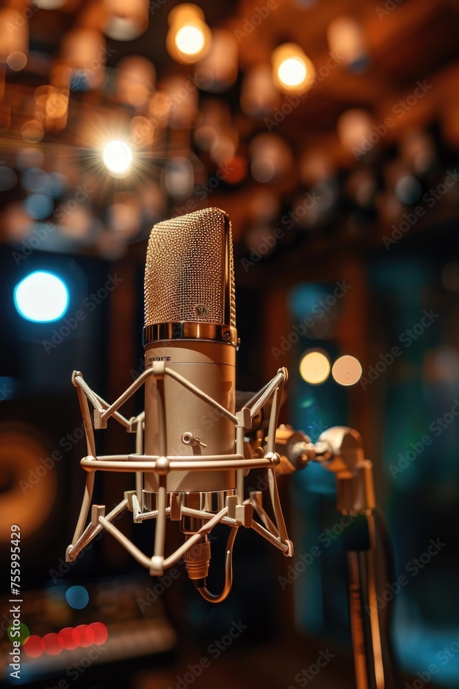Poster A microphone in a recording studio with background lights. Suitable for music industry promotion.