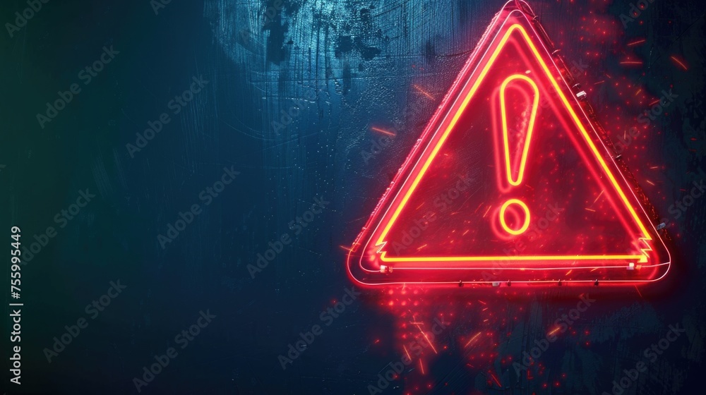 Poster Bright neon sign with red exclamation point. Ideal for warning or alert concepts.