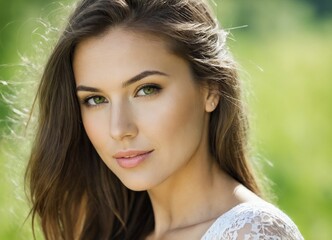 Portrait close up of young beautiful woman, on green background 