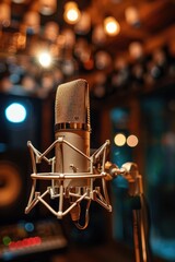 A microphone in a recording studio with background lights. Suitable for music industry promotion.