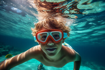Naklejka premium Child Snorkeling Underwater - A young child wearing snorkeling gear exploring underwater with colorful coral and fish. Ideal for themes of snorkeling, childhood adventure, and underwater exploration.