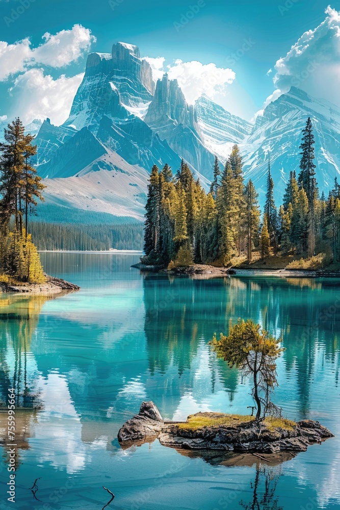 Poster A serene view of a small island in the middle of a lake. Suitable for nature and travel concepts.