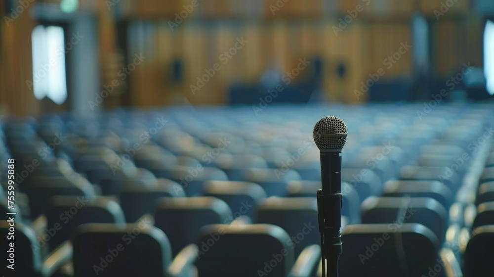 Poster A lone microphone in an empty auditorium. Suitable for various creative projects.