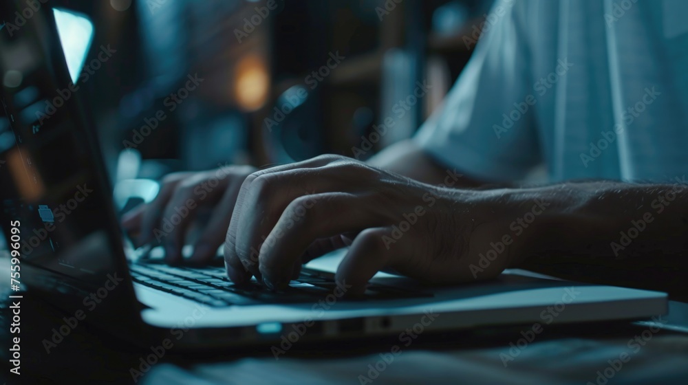 Poster close up of a person typing on a laptop. ideal for technology concepts.