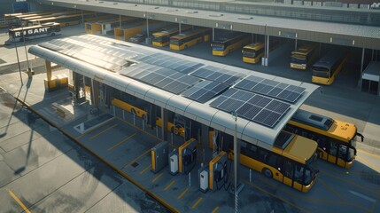 Solar-powered electric bus depot with smart charging stations and energy storage systems - obrazy, fototapety, plakaty