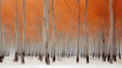 Papier Peint photo Bouleau beautiful winter landscape, trees with red leaves on a glade in snow covered forest, morning haze, beautiful nature