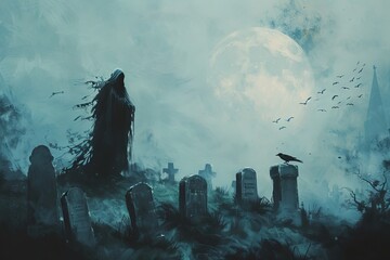 Silhouette of a sinister reaper in a cemetery - obrazy, fototapety, plakaty