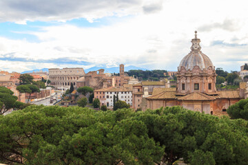 View of historical center of Rome with Colosseum from monument of Vittorio Emanuele Vittoriano observation deck, Italy