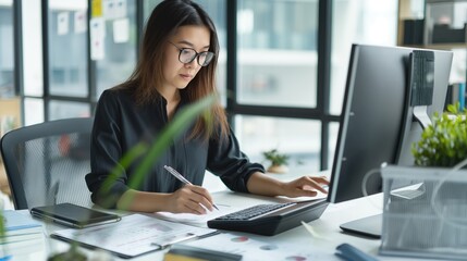 Obraz premium Woman accountant using calculator and computer in office panoramic banner, finance and accounting concept