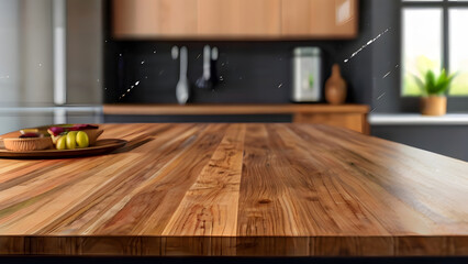 Wood table top on blur kitchen counter (room)background - obrazy, fototapety, plakaty