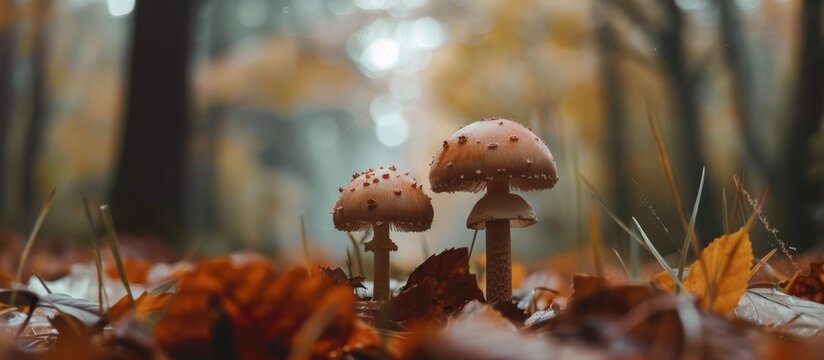 Three agaricaceae mushrooms sprouting from a bed of leaves in the woodland, surrounded by terrestrial plants and twigs. A picturesque natural landscape showcasing edible fungi