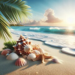 Fototapeta na wymiar Relaxing paradise view with exotic seashells and starfish on white sand with turquoise waves and tropical palm leaf in the sunrise rays