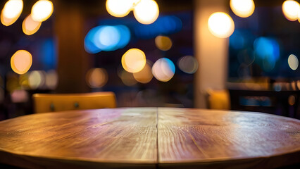 Empty wooden table top with lights bokeh on blur restaurant background - obrazy, fototapety, plakaty