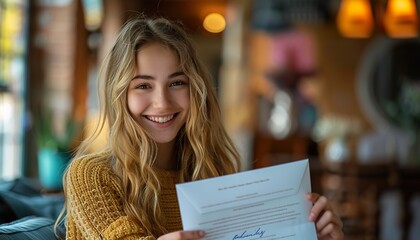 An excited teenager receiving her acceptance letter from her dream college.  - obrazy, fototapety, plakaty