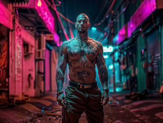 Young male gang member on the alley streets of Brazil,  A shirtless man with tattoos stands in a smoky place with pink and blue lighting.