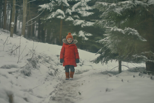 Young child in bright red coat walking on snowy forest path during winter