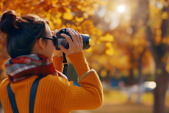 Female photographer capturing the beauty of autumn foliage at sunset