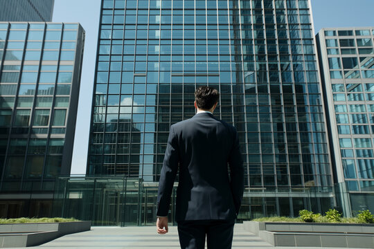 Man in suit walking in front of building