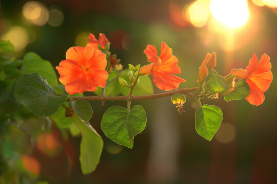 Vibrant orange blossoms basking in warm sunset light in a peaceful garden setting