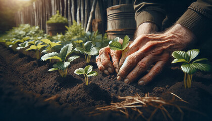 Close up of senior man's hands planting strawberry seedlings in fertile soil - 755998413