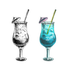 Blue lagoon cocktail with straw, umbrella and ice cube. Vintage hatching vector
