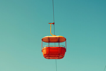 Single red cable car against clear blue sky