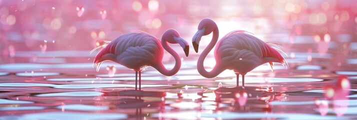 Two flamingos in tranquil waters during a dreamy sunset, creating a serene moment of natural connection
