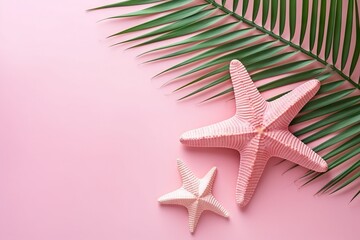 Fototapeta na wymiar Seashells, starfish and palm leaves on pastel pink background. Summer vacation on beach, travel and holiday concept for card or banner. Flat lay, top view with copy space 