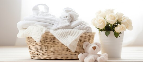 A sculpture made of wood depicting a wicker basket filled with white blankets, a teddy bear, and delicate flower petals