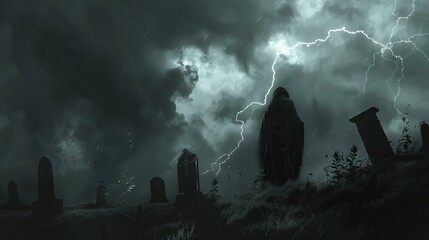 Silhouette of a sinister reaper in a cemetery