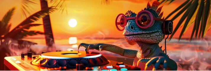 Obraz premium DJ iguana mixing tunes at a beach party, blending the essence of tropical music with sunset vibes 