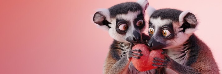 Two adorable lemurs holding a heart together, representing love and friendship in a playful and affectionate illustration
 - obrazy, fototapety, plakaty