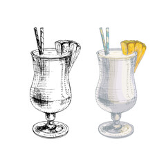 Pina colada cocktail with slice pineapple and straw. Vintage hatching