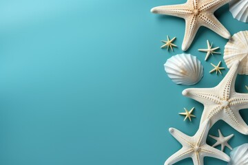 Fototapeta na wymiar Seashells, starfish and palm leaves on blue background. Summer vacation on beach, travel and holiday concept for card or banner. Flat lay, top view with copy space 