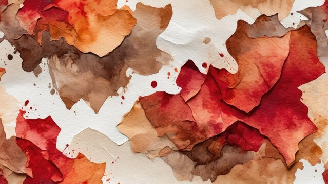 Crumpled paper texture detailed with streaks and blotches of red and brown aquarelle watercolors, depicting the interplay of shades in the folds, set against a white, neutral background, natural light